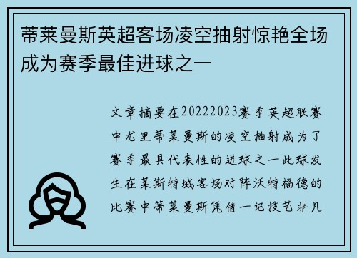 蒂莱曼斯英超客场凌空抽射惊艳全场成为赛季最佳进球之一