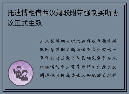 托迪博租借西汉姆联附带强制买断协议正式生效